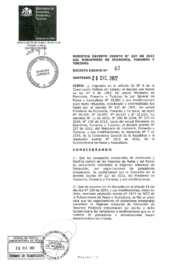 Dec. Ex. N° 67-2022 Modifica Decreto Exento N°227 de 2012 del Ministerio de Economía, Fomento y Turismo. (Publicado en Página Web 30-112-2022)