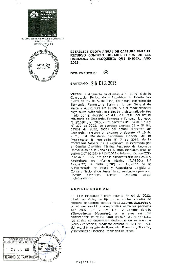 Dec. Ex. N° 68-2022 Establece Cuota Anual de Captura para el Recurso Congrio Dorado, Fuera de las Unidades de Pesquería que Indica, Año 2023. (Publicado en Página Web 30-12-2022)