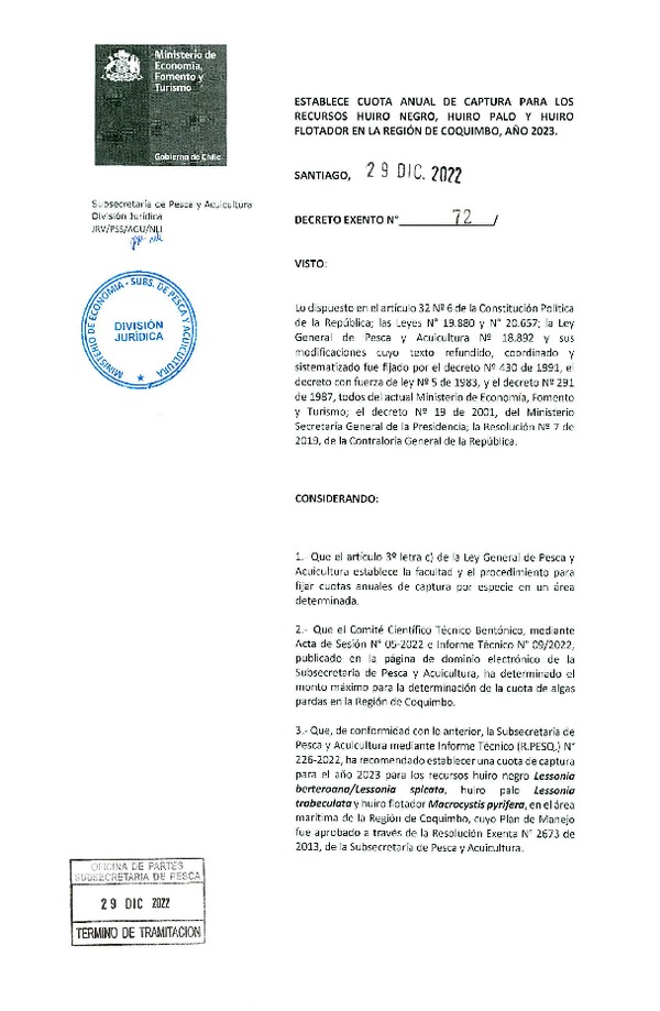 Dec. Ex. N° 72-2022 Establece Cuota de Captura para los Recursos Huiro Negro, Huiro Palo y Huiro Flotador, en Región de Coquimbo, Año 2023. (Publicado en Página Web 30-12-2022)