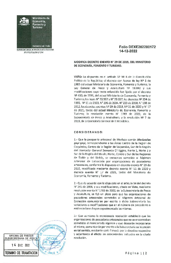 Dec. Ex. N° 202200172 Modifica Dec. Ex. N° 29-2019, Establece Régimen Artesanal de Extracción Por Organización Pesquería Merluza Común. (Publicado en Página Web 30-12-2022)