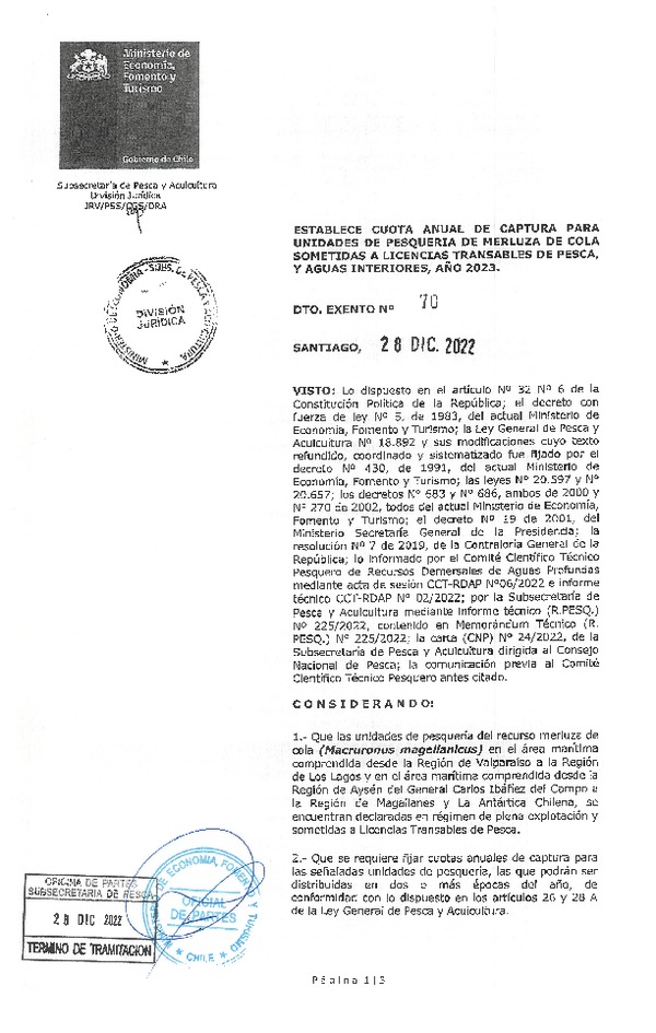 Dec. Ex. N° 70-2022 Establece Cuota Anual de Captura para unidades de Pesquerías de Merluza de Cola, Sometidas a Licencias Transables de Pesca y Aguas Interiores, Año 2023. (Publicado en Página Web 30-12-2022)