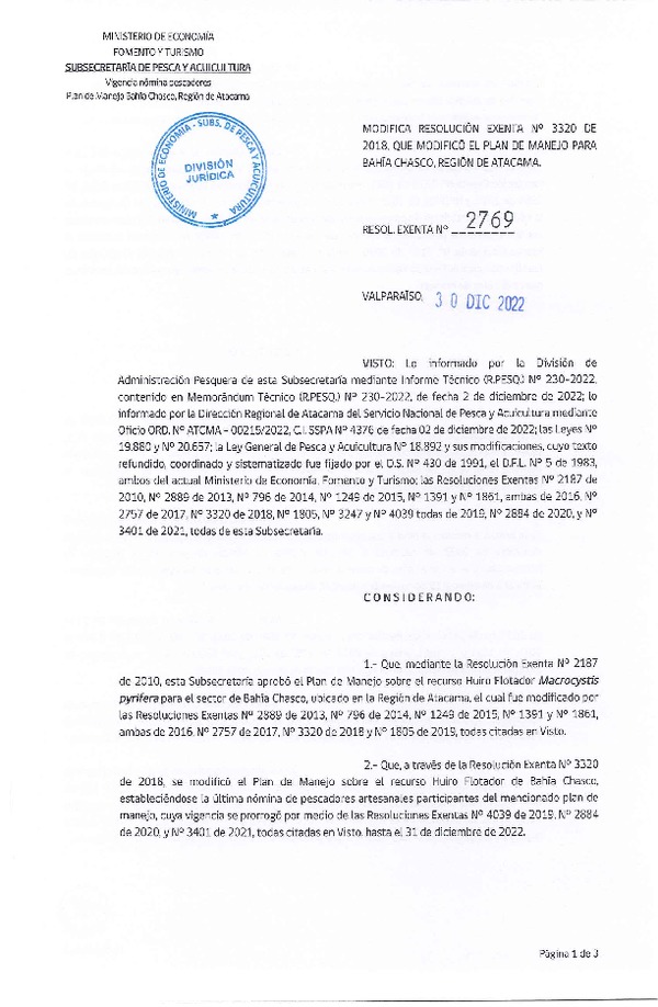 Res. Ex. N° 2769-2022 Modifica Res. Ex. N° 3320-2018 Que Modificó Res. Ex. N° 2187-2010 que Aprobó el plan de manejo para bahía Chasco, Región de Atacama. (Publicado en Página Web 30-12-2022)