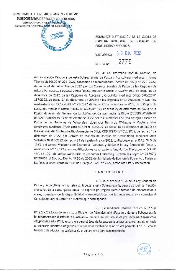 Res. Ex. N° 2775-2022 Establece Distribución de la Cuota de Captura Artesanal de Bacalao de Profundidad, Año 2023. (Publicado en Página Web 30-12-2022)