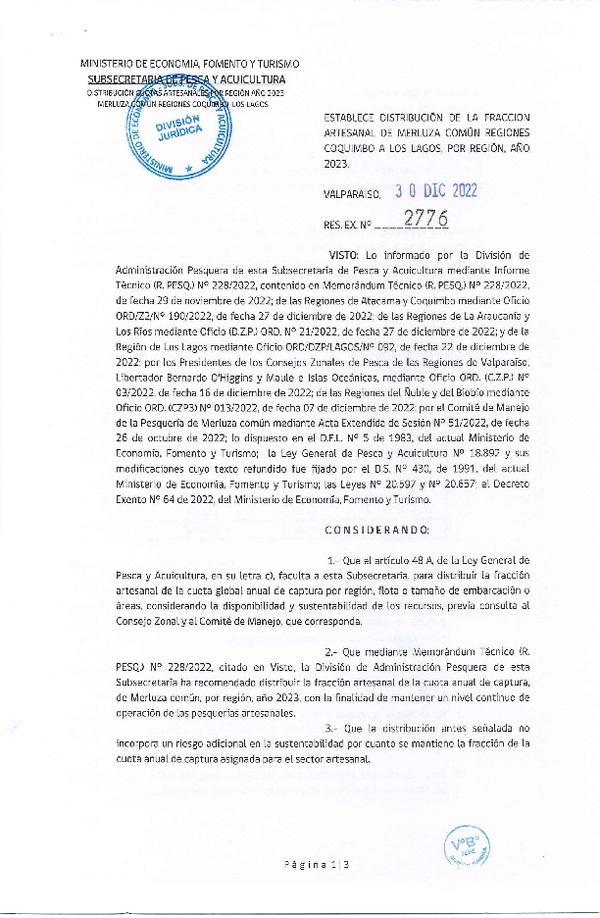 Res. Ex. N° 2776-2022 Establece Distribución de la Fracción Artesanal de Merluza Común Regiones Coquimbo a Los Lagos, por Región, Año 2023. (Publicado en Página Web 30-12-2022)