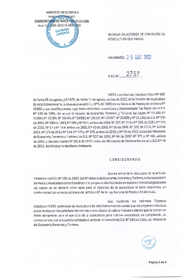 Res. Ex. N° 2757-2022 Rechaza solicitudes de concesión de acuicultura que indica.