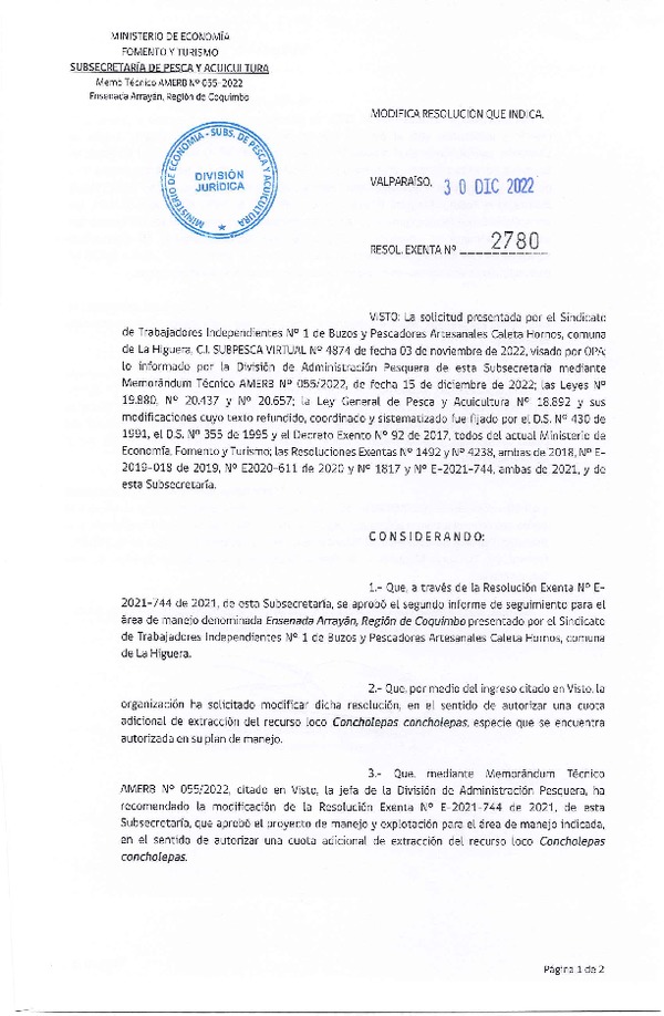 Res. Ex. N° 2780-2022 Modifica RESOL. EXENTA Nº E-2021-744 2° seguimiento. (Publicado en Página Web 30-12-2022)