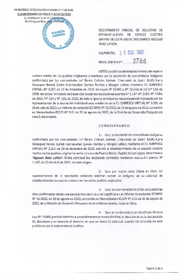 Res. Ex. N° 2786-2022 Desistimiento parcial de solicitud de establecimiento de ECMPO que indica. (Publicado en Página Web 30-12-2022)
