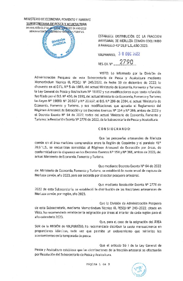 Res. Ex. N° 2790-2022 Establece Distribución de la Fracción Artesanal de Merluza Común Coquimbo a Paralelo 41° 28,6' L.S., Año 2023. (Publicado en Página Web 30-12-2022)