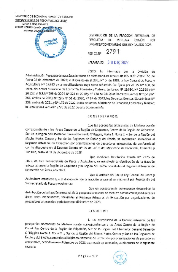 Res. Ex. N° 2791-2022 Establece Distribución de la Fracción Artesanal de Merluza Común por organización, Coquimbo a Biobío, Año 2023. (Publicado en Página Web 30-12-2022)