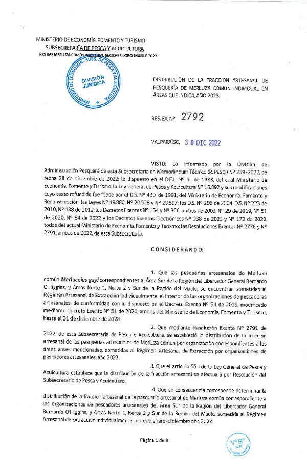 Res. Ex. N° 2792-2022 Establece Distribución de la Fracción Artesanal de Merluza Común Individual, en Área que Indica, Año 2023. (Publicado en Página Web 30-12-2022)