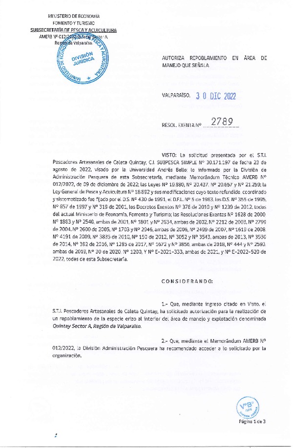 Res. Ex. N° 2789-2022 Autoriza Repoblamiento. (Publicado en Página Web 30-12-2022)