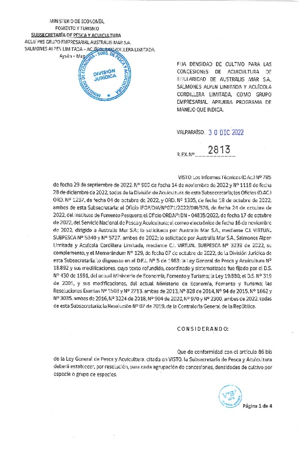 Res. Ex. N° 2813-2022 Fija densidad de cultivo para las concesiones de acuicultura de titularidad de Australis Mar S.A., Salmones Alpen Limitada y Acuícola Cordillera Limitada, Aprueba programa de manejo que indica. (Con Informe Técnico) (Publicado en Página Web 30-12-2022)