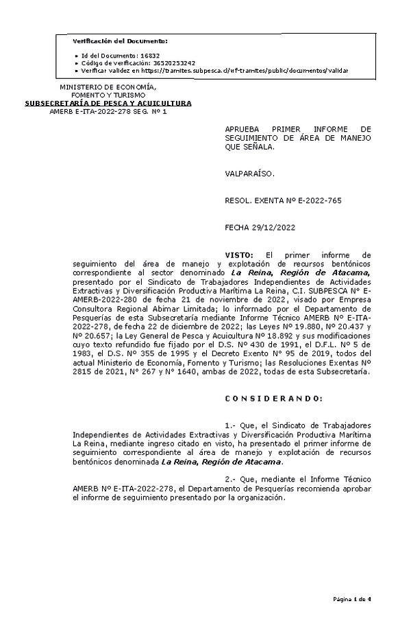 RESOL. EXENTA Nº E-2022-765 Aprueba 1° Seguimiento . (Publicado en Página Web 30-12-2022)