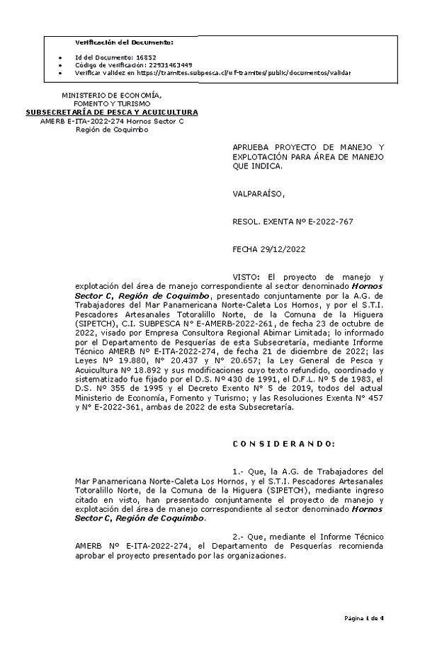 RESOL. EXENTA Nº E-2022-767 Aprueba Proyecto de manejo. (Publicado en Página Web 30-12-2022)