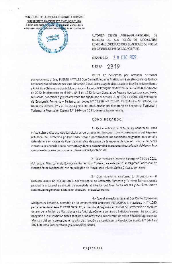 Res. Ex. N° 2819-2022 Autoriza Cesión de Merluza del Sur, Región de Magallanes. (Publicado en Página Web 30-12-2022)