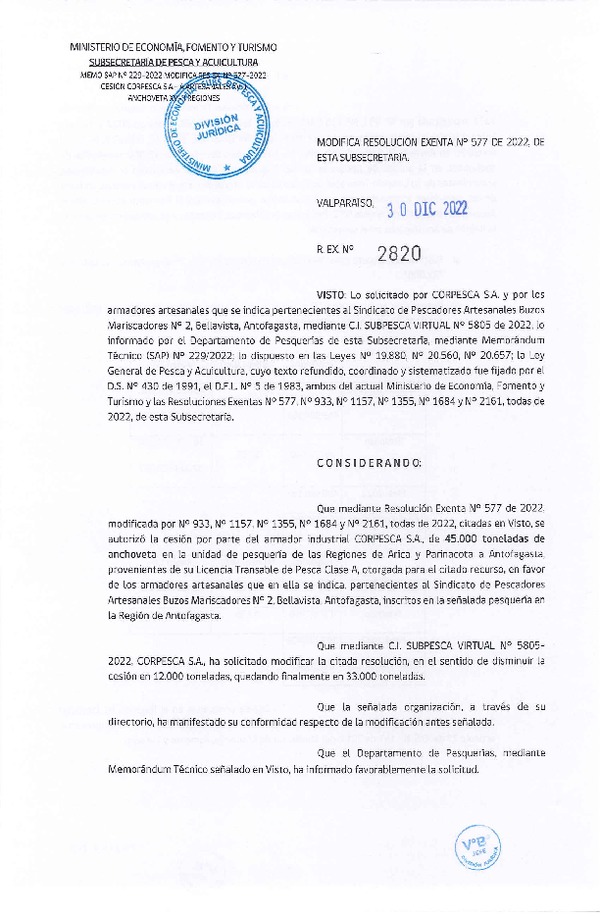 Res. Ex. N° 2820-2022 Modifica Res. Ex. N° 577-2022 Autoriza Cesión Anchoveta, Regiones de Arica y Parinacota a Región de Antofagasta. (Publicado en Página Web 30-12-2022)