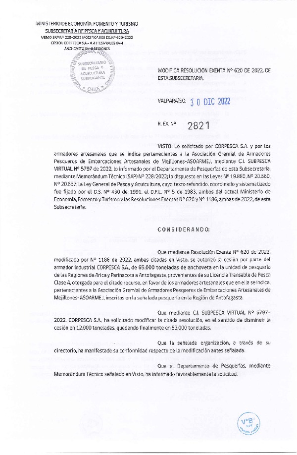 Res. Ex. N° 2821-2022 Modifica Res. Ex. N° 620-2022 Autoriza Cesión Anchoveta, Regiones de Arica y Parinacota a Región de Antofagasta. (Publicado en Página Web 30-12-2022)