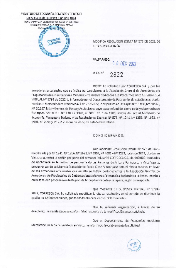 Res. Ex. N° 2822-2022 Modifica Res. Ex. N° 576-2022 Autoriza Cesión Anchoveta, Regiones de Arica y Parinacota a Región de Antofagasta. (Publicado en Página Web 30-12-2022)