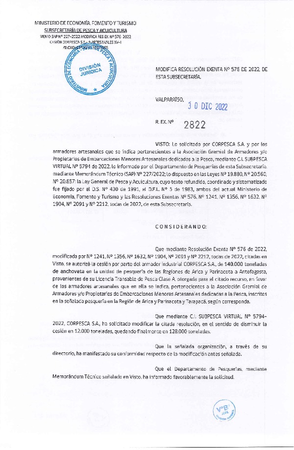 Res. Ex. N° 2822-2022 Modifica Res. Ex. N° 576-2022 Autoriza Cesión Anchoveta, Regiones de Arica y Parinacota a Región de Antofagasta. (Publicado en Página Web 30-12-2022)
