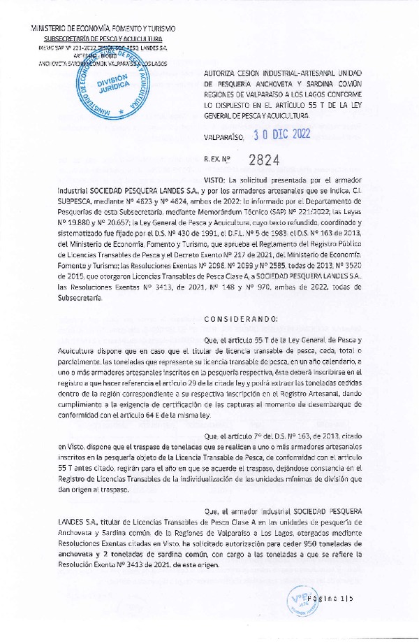 Res. Ex. N° 2824-2022, Autoriza Cesión unidad de pesquería Anchoveta y Sardina común, Regiones Valparaíso a Los Lagos. (Publicado en Página Web 30-12-2022)