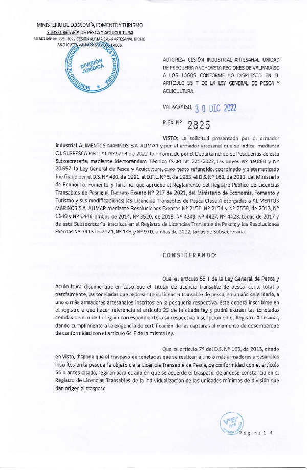Res. Ex. N° 2825-2022, Autoriza Cesión unidad de pesquería Anchoveta y Sardina común, Regiones Valparaíso a Los Lagos. (Publicado en Página Web 30-12-2022)
