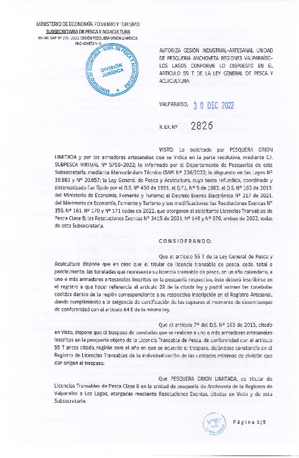 Res. Ex. N° 2826-2022, Autoriza Cesión unidad de pesquería Anchoveta y Sardina común, Regiones Valparaíso a Los Lagos. (Publicado en Página Web 30-12-2022)