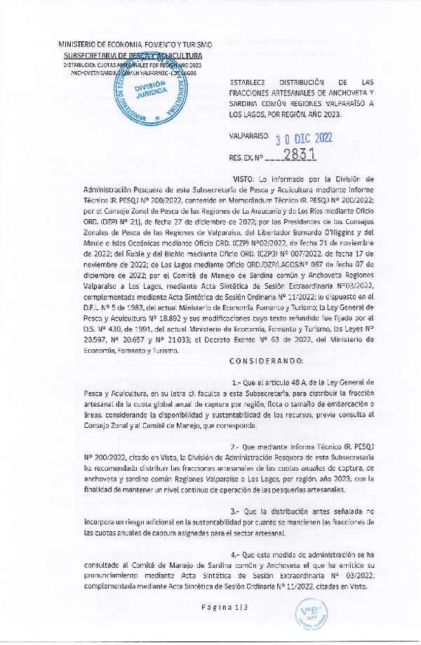 Res. Ex. N° 2831-2022 Establece Distribución de las Fracciones Artesanales de Anchoveta y Sardina Común, Regiones de Valparaíso a Los Lagos, por Región, Año 2023. (Publicado en Página Web 03-01-2023)