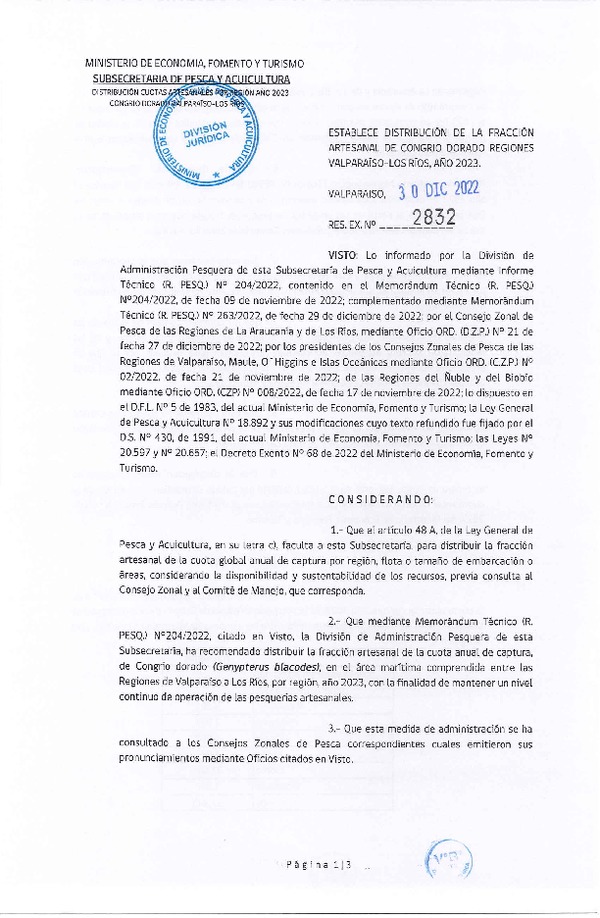 Res. Ex. N° 2832-2022 Establece Distribución de la Fracción Artesanal de Congrio Dorado, Regiones Valparaíso-Los Ríos, Año 2023. (Publicado en Página Web 03-01-2023)