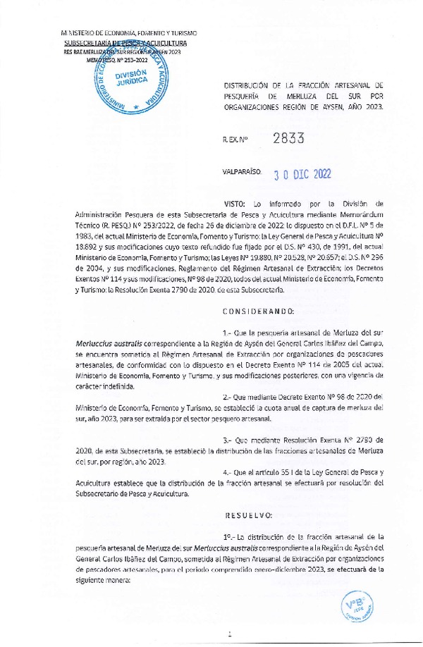Res. Ex. N° 2833-2022 Distribución de la Fracción Artesanal de Pesquería de Merluza del Sur por Organizaciones, Región de Aysén, Año 2023. (Publicado en Página Web 03-01-2023)