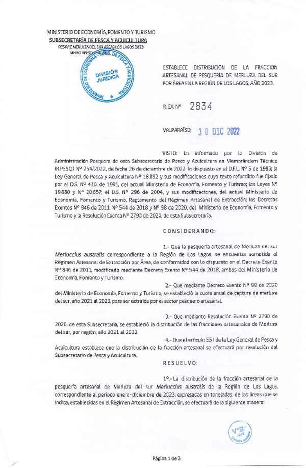 Res. Ex. 2834-2022 Establece Distribución de la Fracción Artesanal de Pesquería de Merluza del Sur por Área en la Región de Los Lagos, Año 2023. (Publicado en Página Web 03-01-2023)