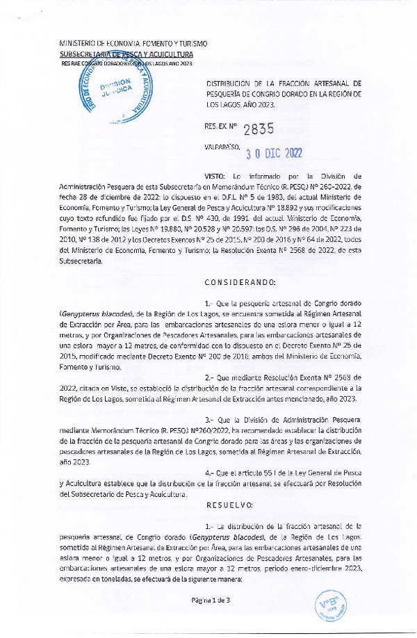 Res. Ex. N° 2835-2022 Distribución de la Fracción Artesanal de Congrio Dorado, Región de Los lagos, Año 2023. (Publicado en Página Web 03-01-2023)