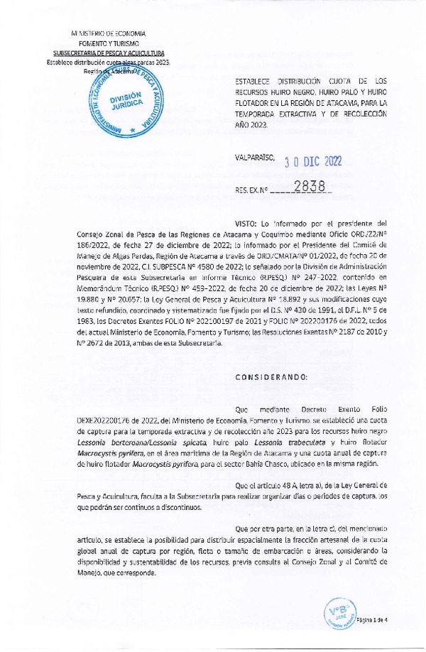 Res. Ex N° 2838-2022 Establece Distribución Cuota de los Recursos Huiro Negro, Huiro Palo y Huiro Flotador en la Región de Atacama, Para la Temporada Extractiva y de Recolección año 2023. (Publicado en Página Web 03-01-2023)