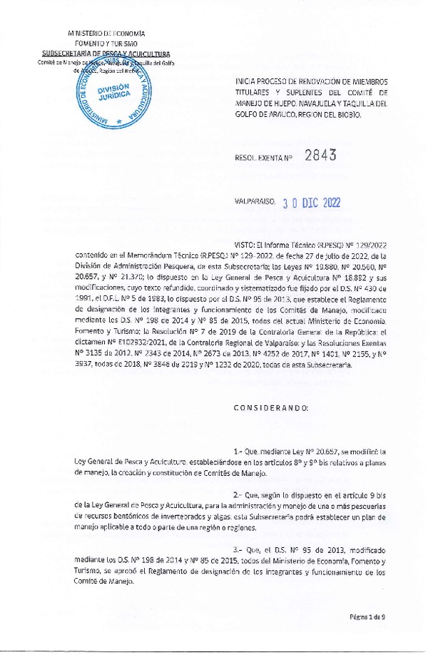 Res. Ex. N° 2843-2022 Inicia Proceso de Renovación de Miembros Titulares y Suplentes del Comité de Manejo de Huepo, Navajuela y Taquilla del Golfo de Arauco, Región del Biobío. (Publicado en Página Web 03-01-2023)