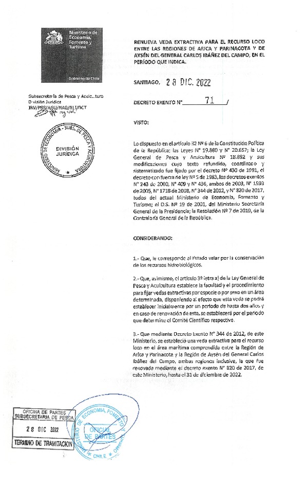Dec. Ex. N°71-2022 Renueva Veda Extractiva para el Recurso Loco, en las Regiones de Arica y Parinacota y de Aysén del General Carlos Ibáñez del Campo. (Publicado en Página Web 04-01-2023)
