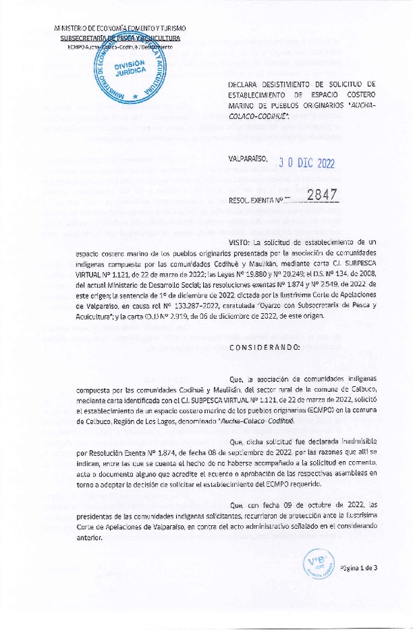Res. Ex. N° 2847-2022 Declara desistimiento de solicitud de establecimiento de ECMPO que Indica. (Publicado en Página Web 04-01-2023)