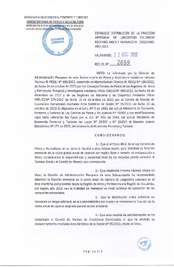 Res. Ex. N° 2659-2022 Establece Distribución de la Fracción Artesanal de Langostino Colorado Regiones de Arica y Parinacota-Coquimbo, Año 2023. (Publicado en Página Web 04-01-2023)