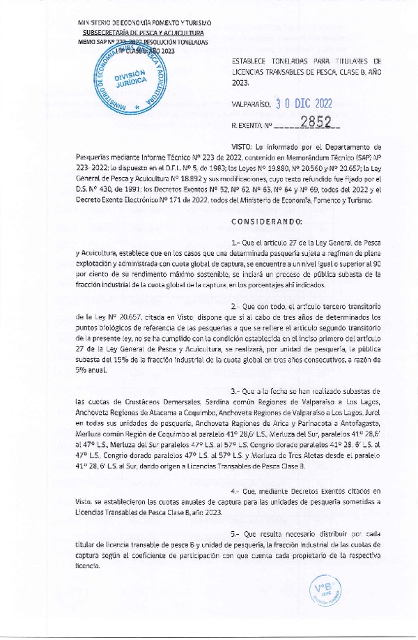 Res. Ex. N° 2852-2022 Establece Toneladas para Titulares de LTP clase B Año 2023. (Publicado en Página Web 04-01-2023)