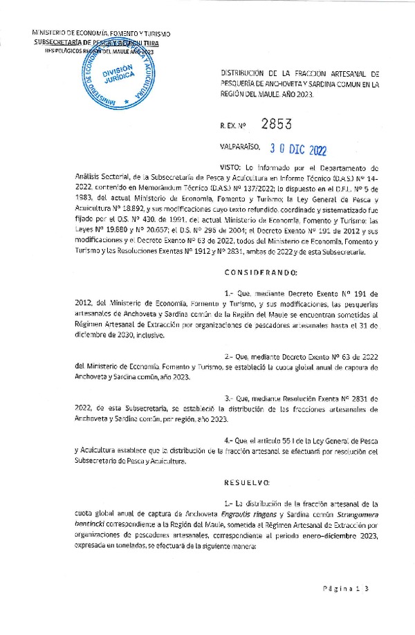 Res. Ex. N° 2853-2022 Distribución de la Fracción Artesanal de Pesquería de Anchoveta y Sardina Común, Región del Maule, Año 2023. (Publicado en Página Web 05-11-2023)