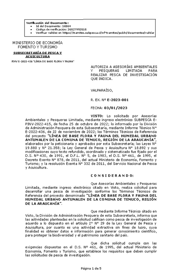 R. EX. Nº E-2023-001 AUTORIZA A ASESORÍAS AMBIENTALES Y PESQUERAS LIMITADA PARA REALIZAR PESCA DE INVESTIGACIÓN QUE INDICA. (Publicado en Página Web 05-01-2023)