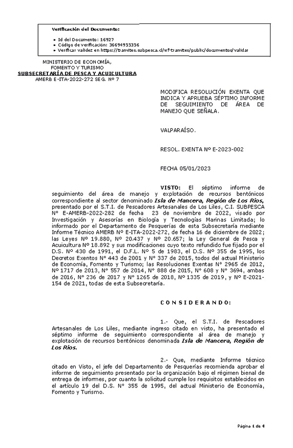 RESOL. EXENTA Nº E-2023-002 Modifica Resolución que Indica y Aprueba 7° Seguimiento. (Publicado en Página Web 05-01-2023)