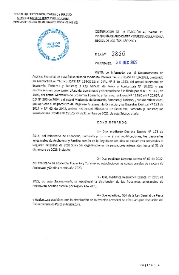 Res. Ex. N° 2866-2022 Distribución de la Fracción Artesanal de Pesquería de Anchoveta y Sardina Común, Región de Los Ríos, Año 2023. (Publicado en Página Web 06-01-2023)