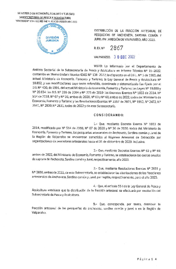 Res. Ex. N° 2867-2022 Distribución de la fracción artesanal de pesquerías de Anchoveta, Sardina Común y Jurel en la Región de Valparaíso, año 2023. (Publicado en Página Web 06-01-2023)