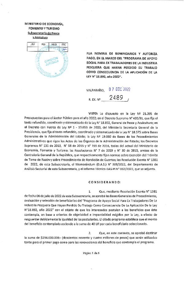 Res. Ex. N° 2489-2022 Fija nómina de beneficiarios y autoriza pago, en el marco del programa que señala. (Publicado en Página Web 07-12-2022)