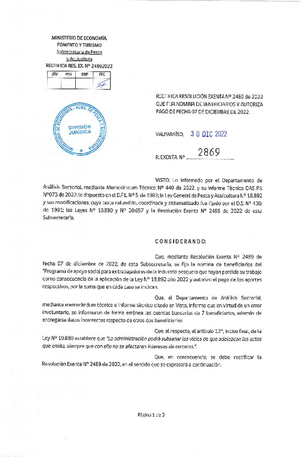 Res. Ex. N° 2869-2022 Rectifica Res. Ex. N° 2489-2022 Fija nómina de beneficiarios y autoriza pago, en el marco del programa que señala. (Publicado en Página Web 06-01-2023)