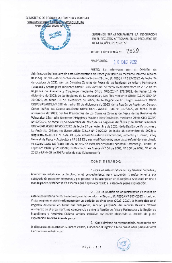 Res. Ex. N° 2829-2022 Suspende Transitoriamente la Inscripción en el Registro Artesanal en la Pesquería de Reineta, Años 2023-2027. (Publicado en Página Web 09-01-2023) (F.D.O. 09-01-2023)