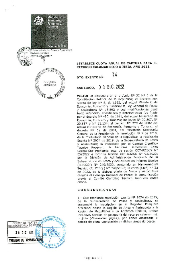 Dec. Ex. N° 74-2022 Establece Cuota Anual de Captura Para el Recurso Calamar rojo o Jibia, Año 2023. (Publicado en Página Web 09-01-2023) (F.D.O. 09-01-2023)