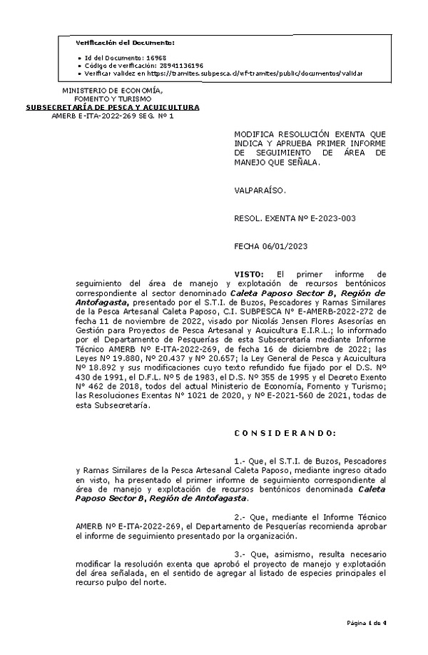 RESOL. EXENTA Nº E-2023-003 Modifica resolución que indica, Aprueba 1° Seguimiento. (Publicado en Página Web 09-01-2023)