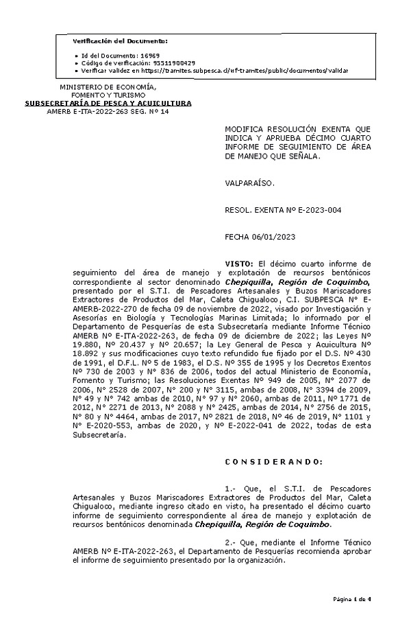 RESOL. EXENTA Nº E-2023-004 Modifica resolución que indica, Aprueba 14° Seguimiento. (Publicado en Página Web 09-01-2023)