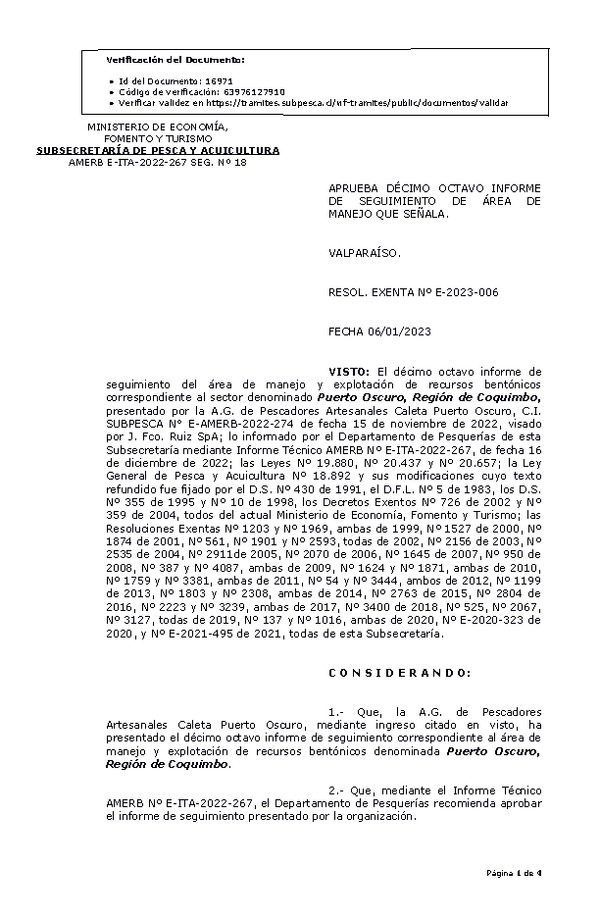 RESOL. EXENTA Nº E-2023-006 Aprueba 18° Seguimiento. (Publicado en Página Web 09-01-2023)