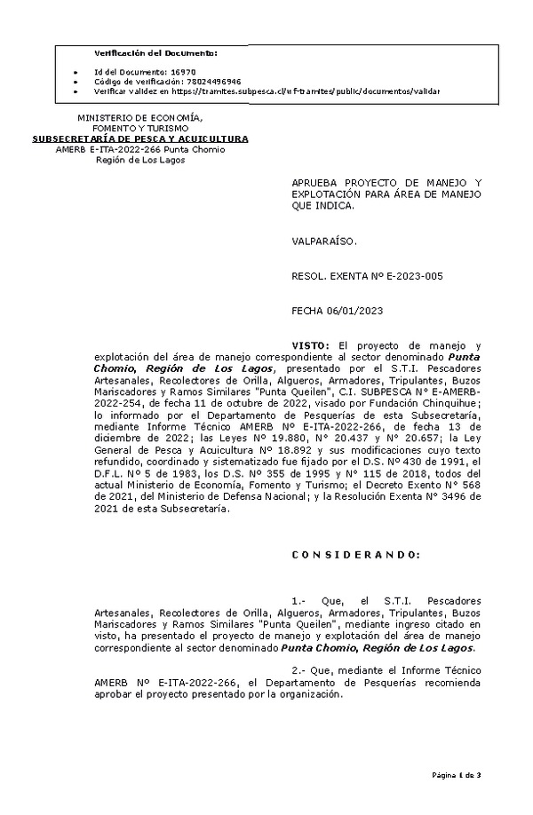 RESOL. EXENTA Nº E-2023-005 Aprueba Plan de manejo. (Publicado en Página Web 09-01-2023)